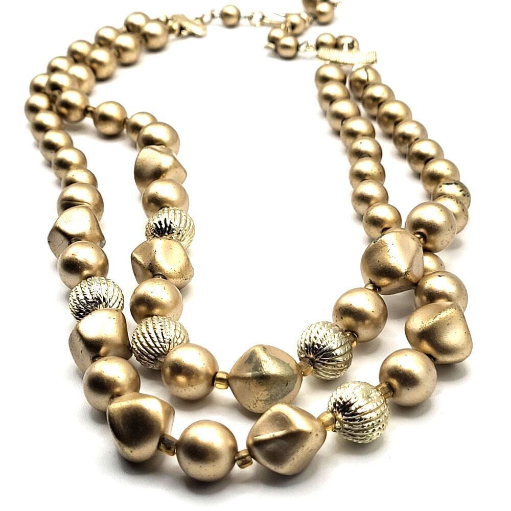 Vintage Double Strand Chunky Gold Acrylic Necklace Signed Japan 18in